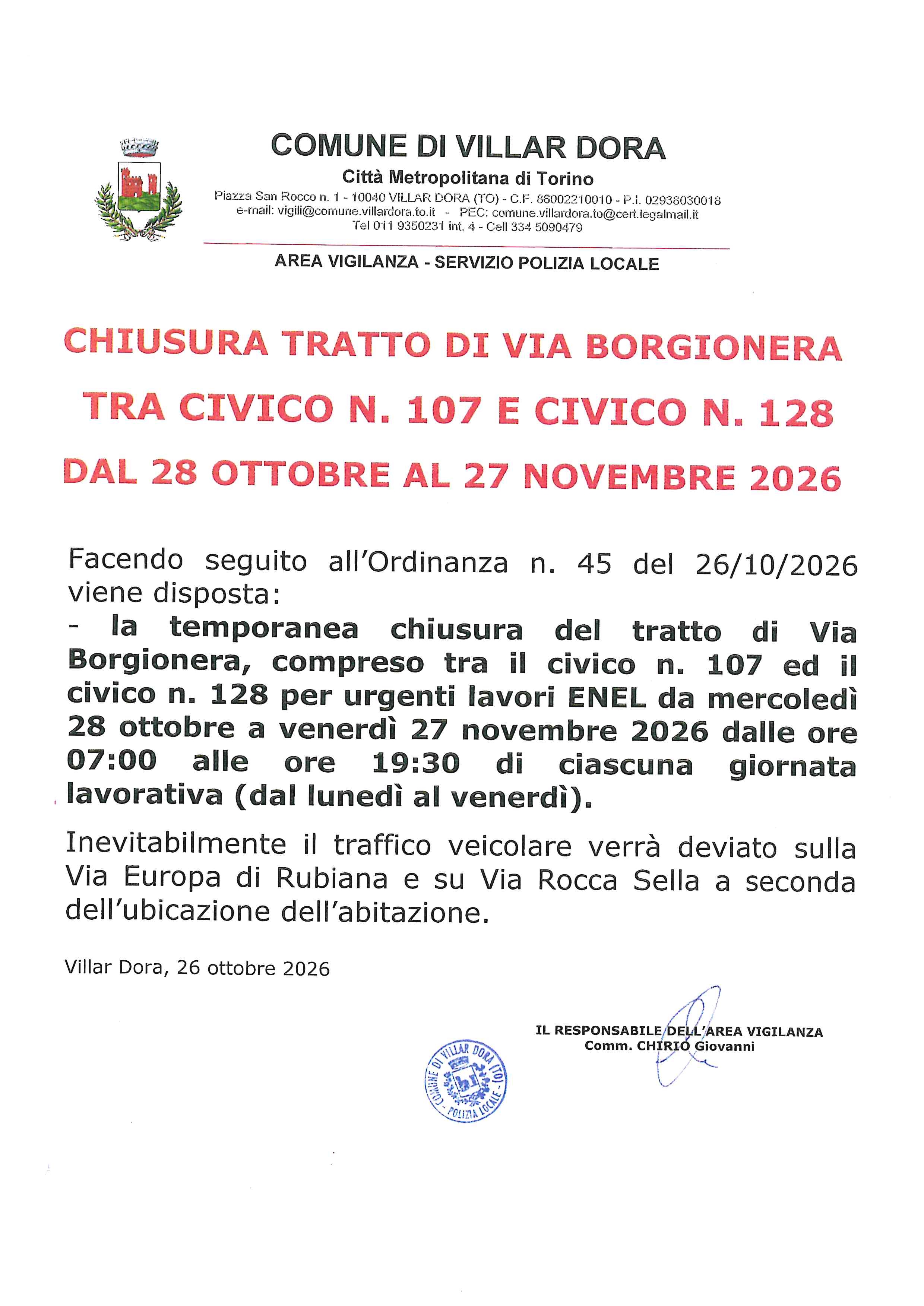 Temporanea chiusura tratto strada comunale via Borgionera (Comune di Villar Dora)dal 28.10.2026 AL 27.11.2026 e relativa deviazione su via Europa  via Rocca Sella.